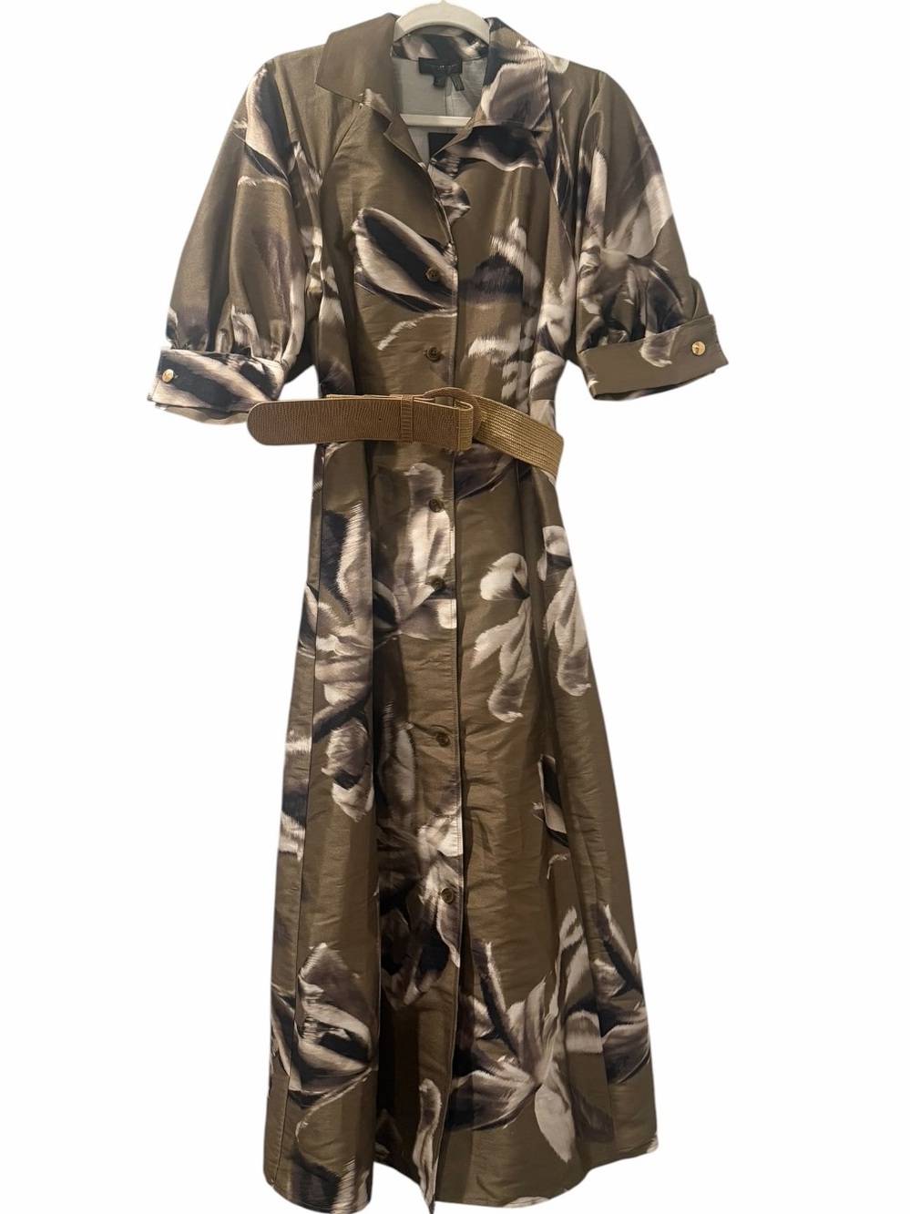 Donna Karan New York Olive Floral Belted Midi Shirt Dress NWT Size 10 - Picture 10 of 12